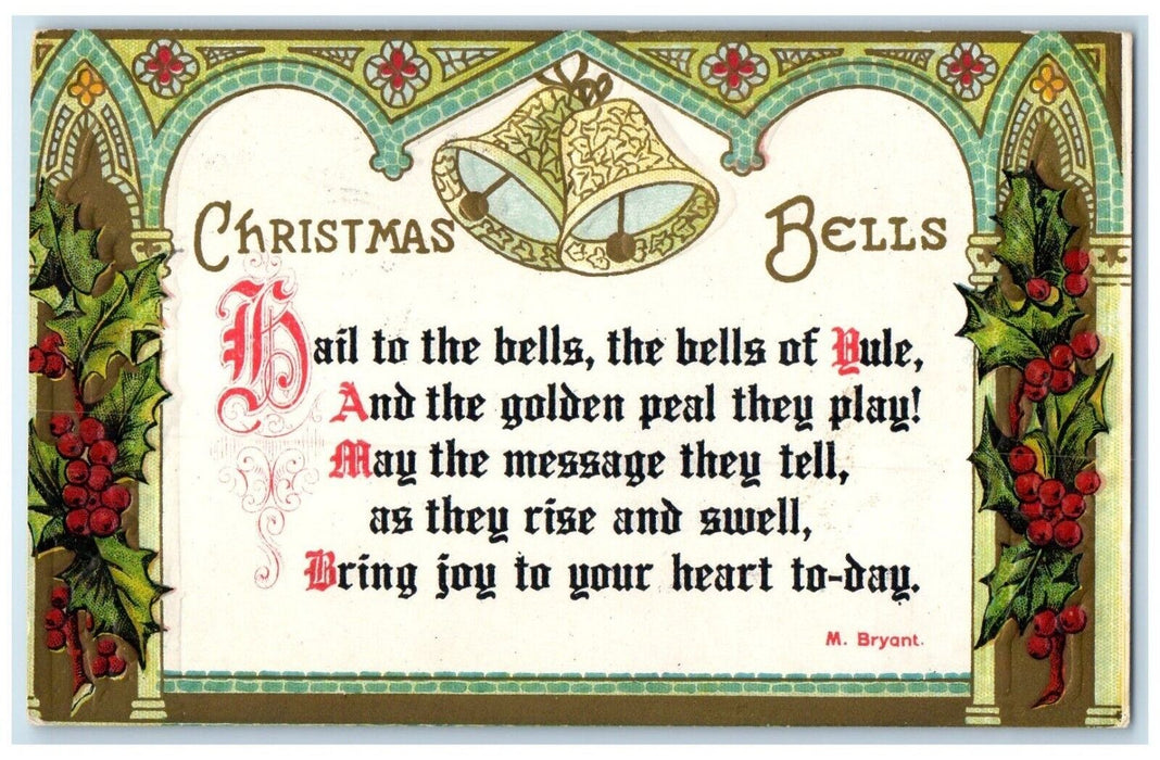 c1910's Christmas Bells Holly Berries Embossed Sterling Nebraska NE Postcard