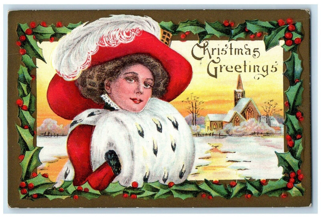 c1910's Christmas Greetings Woman Feather Hat Handwarmer Church Scene Postcard