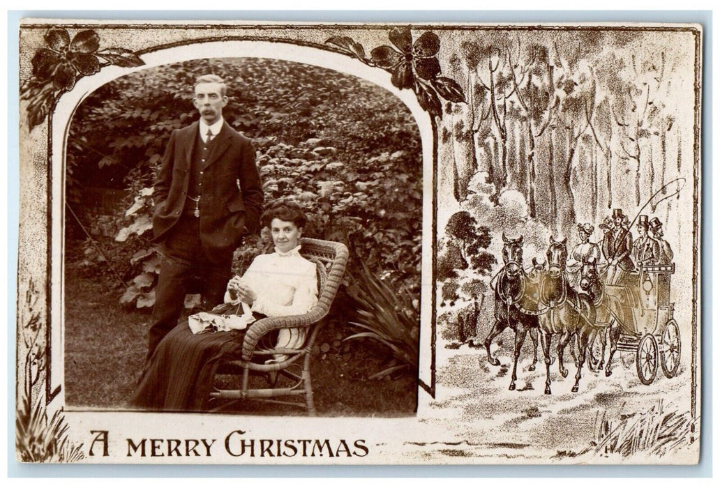 c1910's Merry Christmas Man Woman Horses Carriage England RPPC Photo Postcard