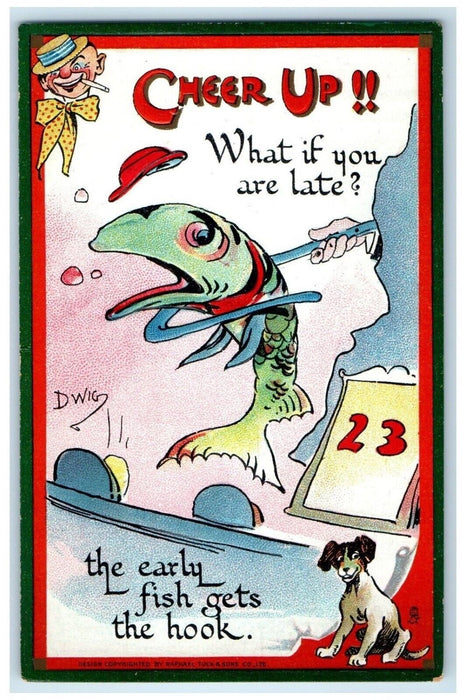 c1910s Cheer Up Fish Calendar Dwig Tuck's The Toledo Life Insurance Postcard