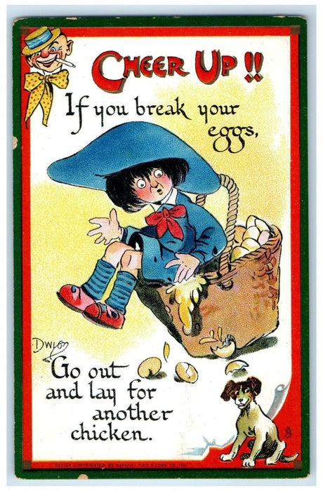 c1910s Cheer Up Boy In Basket Eggs Dog Dwig Tuck's Embossed Antique Postcard