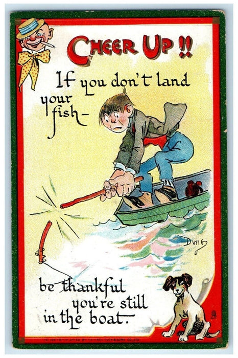 c1910's Cheer Up Motto Man Fishing Dwig Tuck's Embossed Antique Postcard