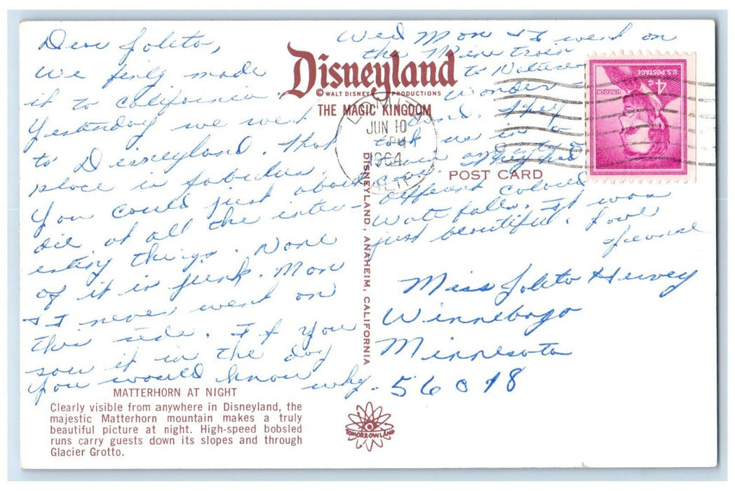 1964 Matterhorn Mountain Night Disneyland Lomita California CA Vintage Postcard