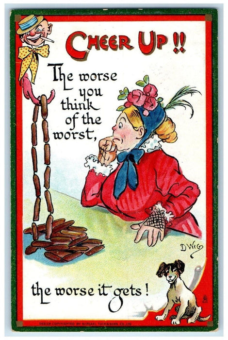 1911 Cheer Up Motto Woman Sausage Dog Dwig Tuck's Embossed Antique Postcard