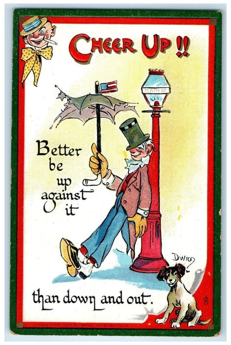 c1910's Cheer Up Man Better Be Up Againts It Dog Dwig Tuck's Embossed Postcard