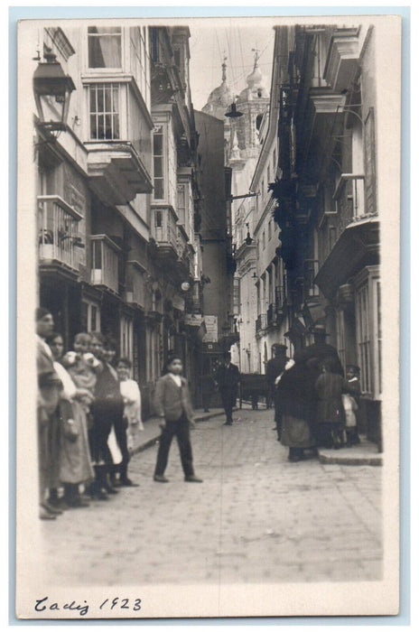 1923 Crowd on a Small Street Scene Cadiz Spain RPPC Photo Vintage Postcard