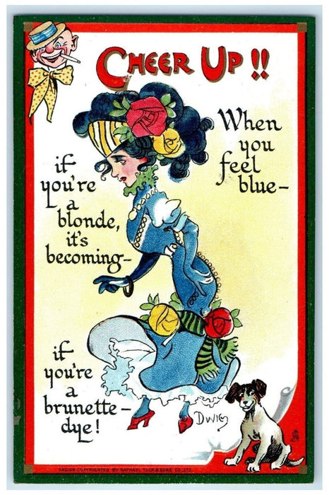 1912 Cheer Up Woman Wearing Blue Dress Dwig Tuck's Monroeville Ohio OH Postcard