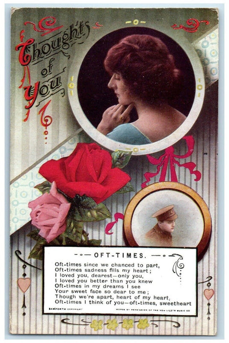 c1910's Soldier Romance WWI Thoughts Of You Flowers  Oft Times Bamforth Postcard