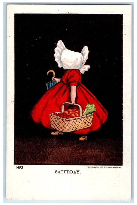 c1910's Saturday Girl Dress Red Bonnet Apples In Basket Ullman Antique Postcard