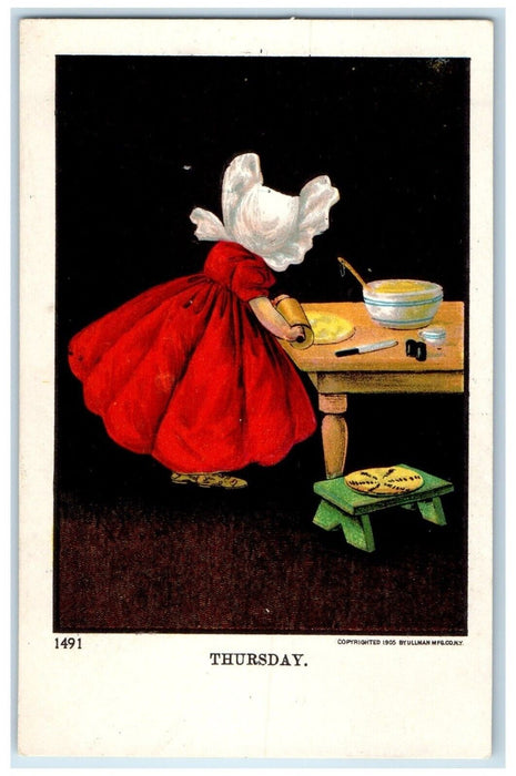 c1910's Thrusday Girl Dress Red Bonnet Baking Pie Ullman Antique Postcard