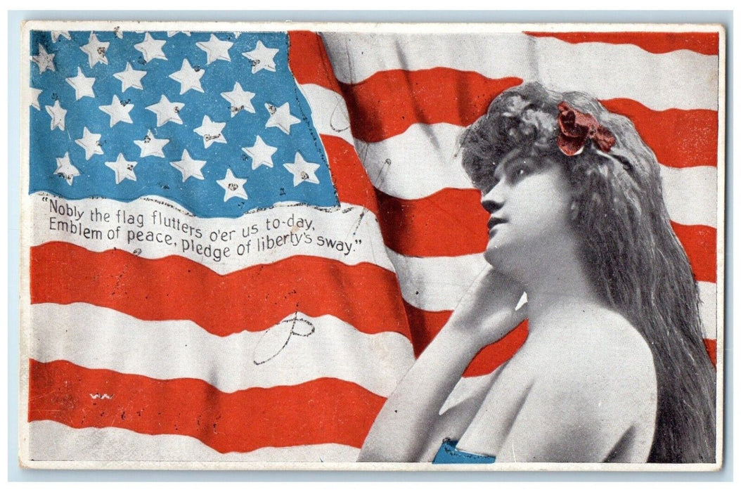 c1905 Pretty Woman Nobly The Flag Flutters Patriotic Unposted Antique Postcard