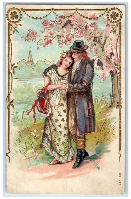 c1910's Couple Romance Blossom Tree Glitter Embossed Unposted Antique Postcard