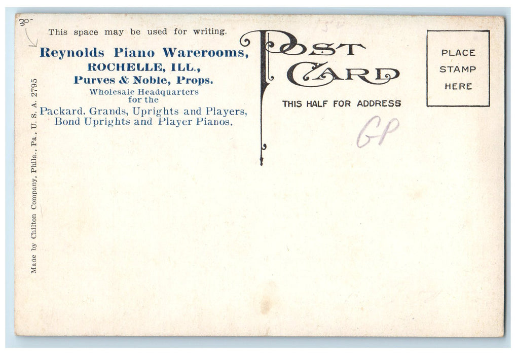 Reynolds Piano Warerooms Purves & Noble Props Rochelle Illinois IL Postcard