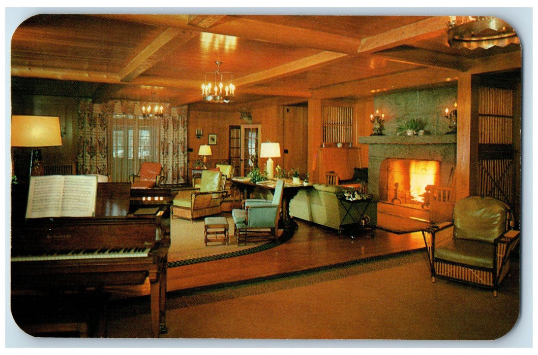 Albedor Lodge Living Room Fireplace Piano Scene Inlet New York NY Postcard