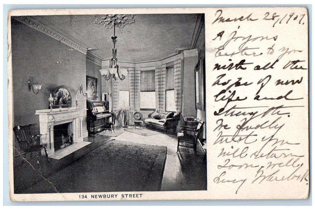 1907 Newbury Street Interior Living Room Fireplace Scene Boston MA Postcard