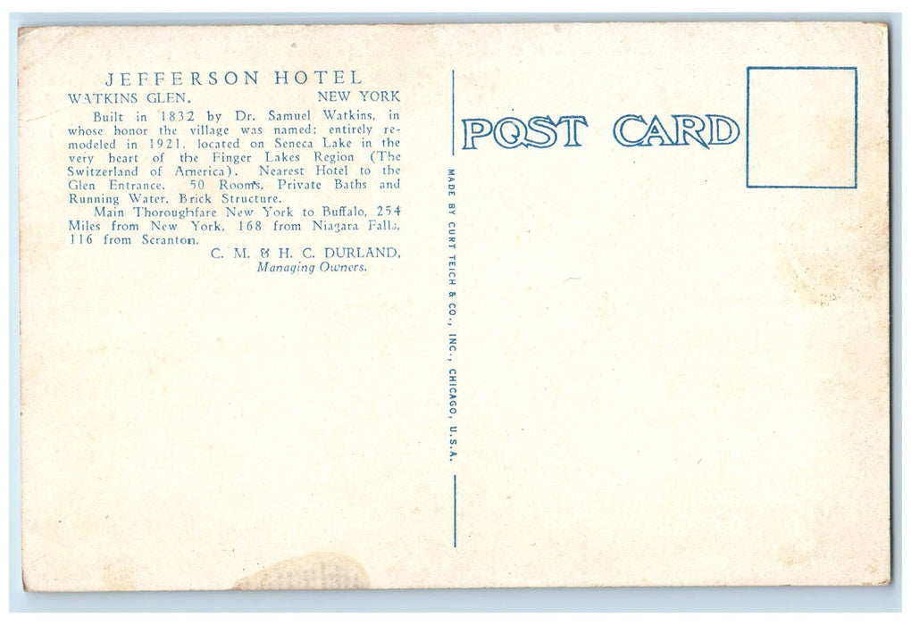 Music Room Jefferson Hotel Interior Scene Watkins Glen New York NY Postcard