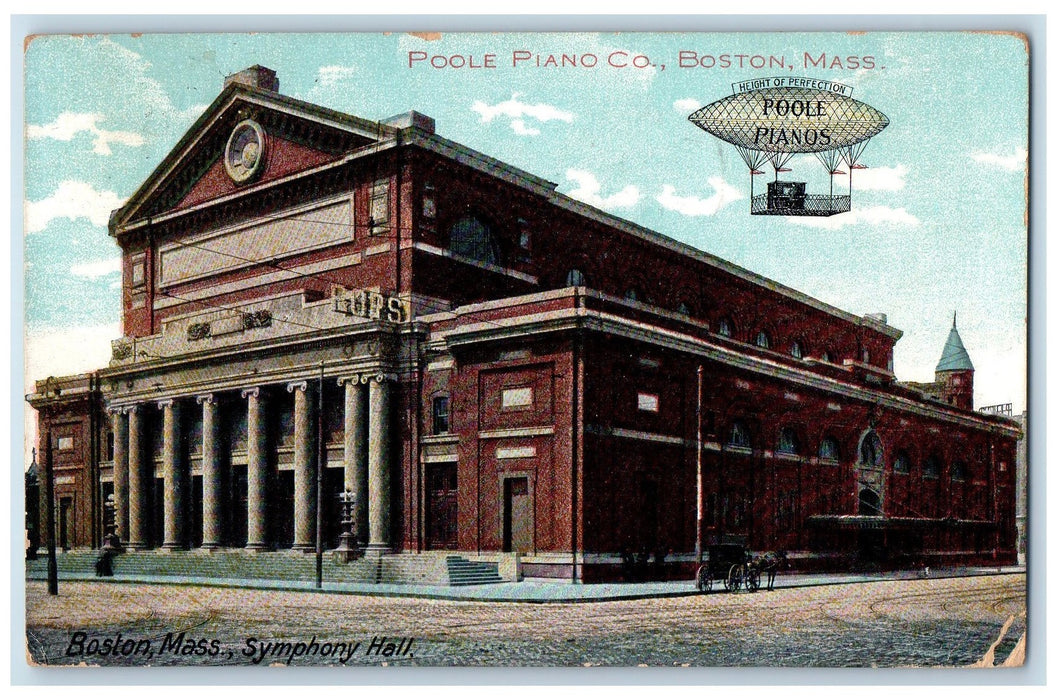 1911 Symphony Hall Building Exterior Horse Drawn Carriages Boston MA Postcard