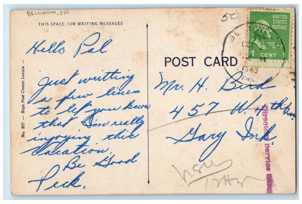 1943 Happy Days Are Here Again Perfect Harmony Bellwood Pennsylvania PA Postcard