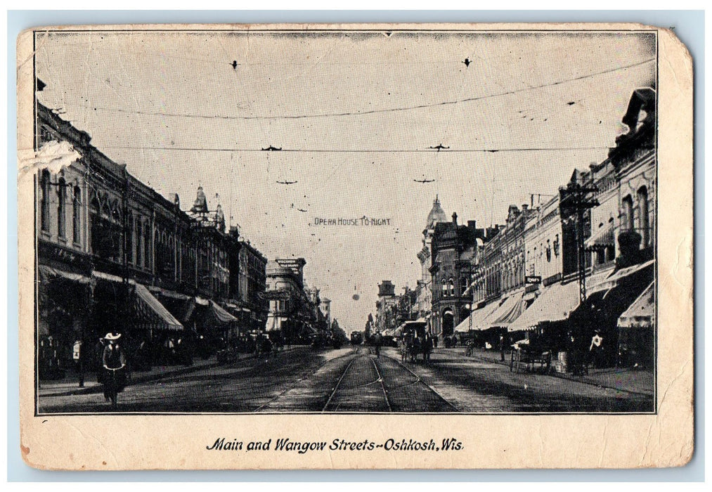 1909 Main And Wangow Streets Horse Drawn Carriages Oshkosh Wisconsin WI Postcard