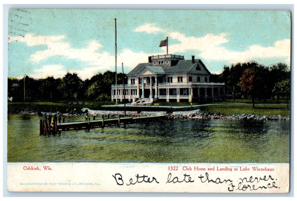 1908 Club House And Landing At Lake Winnebago Oshkosh Wisconsin WI Postcard