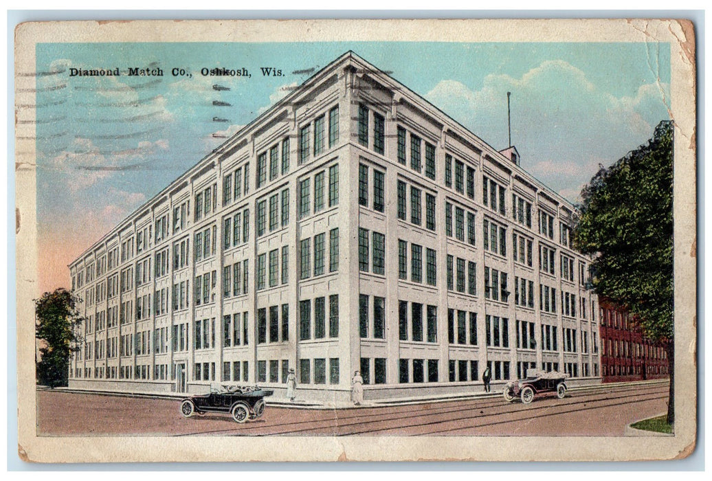 1921 Diamond Match Co. Building Cars Exterior View Oshkosh Wisconsin WI Postcard