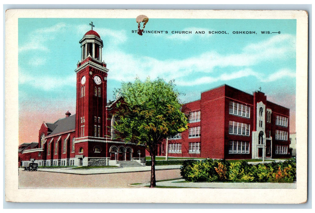 St. Vincent's Church And School Building Oshkosh Wisconsin WI Vintage Postcard
