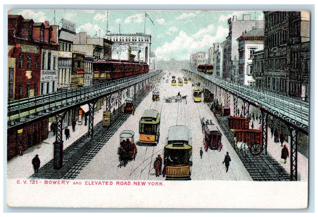 Bowery And Elevated Road Cars Trains Horse Carriage Scene New York NY Postcard