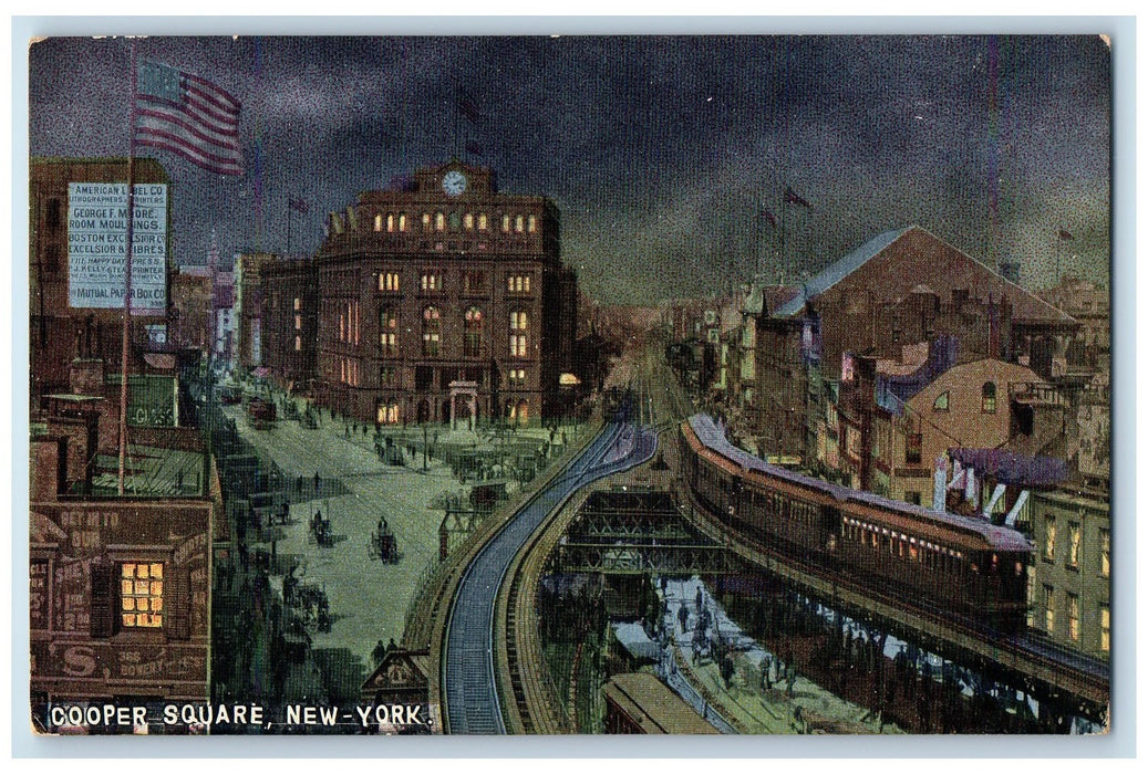 c1910's Cooper Square Cars Trains Building City View New York NY Postcard