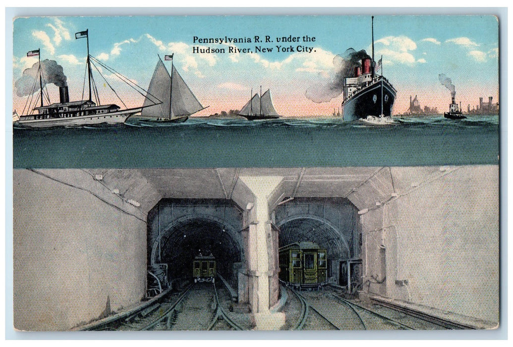 Pennsylvania R. R. Under The Hudson River New York City NY Dual View Postcard