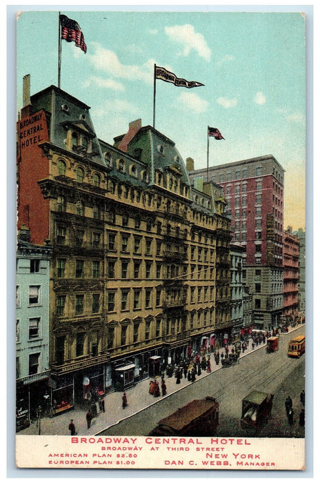 c1910's Broadway Central Hotel Building Cars Street View New York NY Postcard