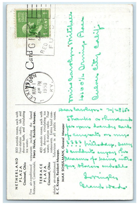 1950 Netherland Terrance Plaza Hotel Cincinnati OH, Lexington KY Postcard