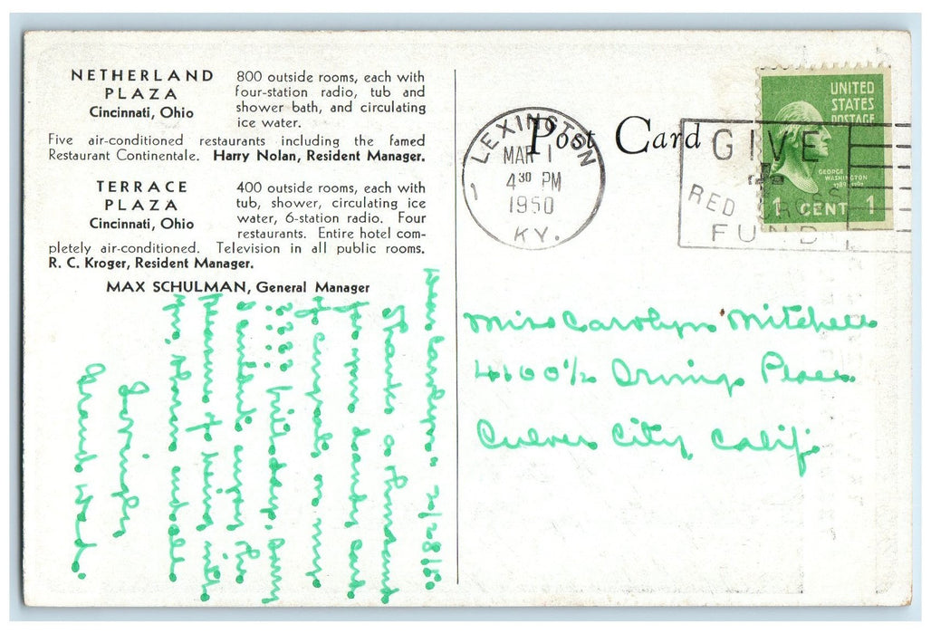 1950 Netherland Terrance Plaza Hotel Cincinnati OH, Lexington KY Postcard