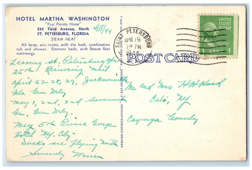 1944 Scenic View Of Hotel Martha Washington St. Peterburg Florida FL Postcard