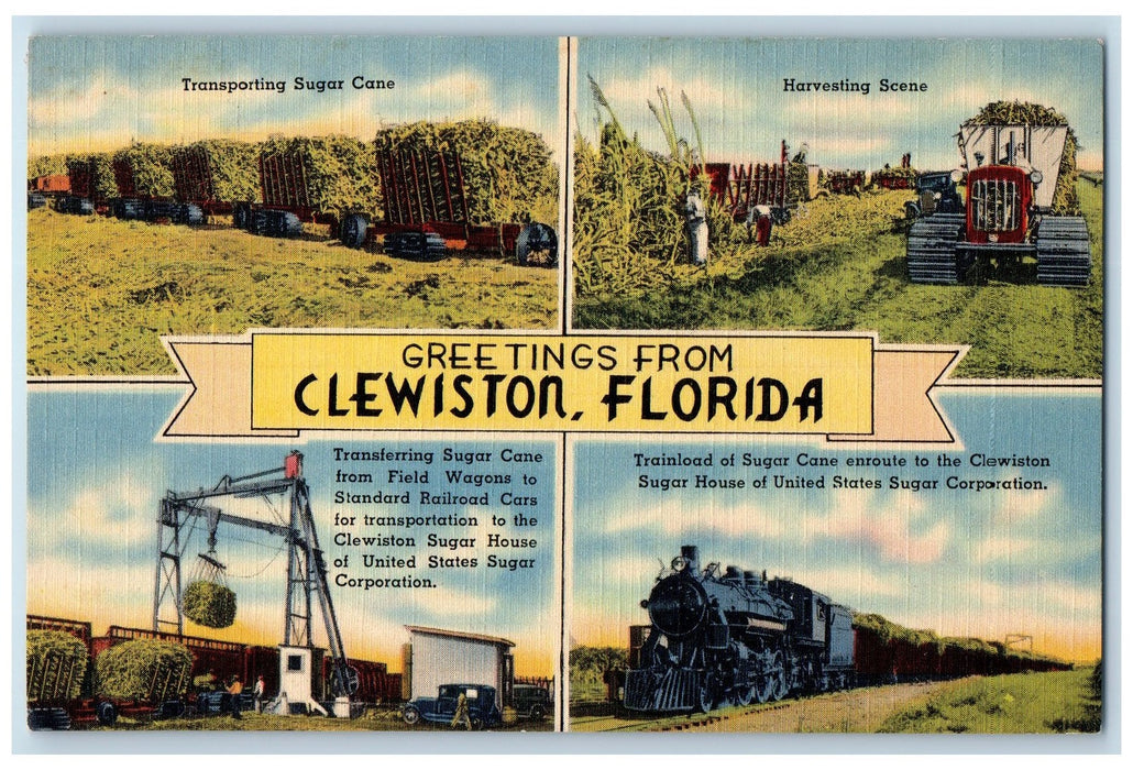 Greetings From Clewiston Florida FL, Sugar Cane Wagons Scene Multiview Postcard