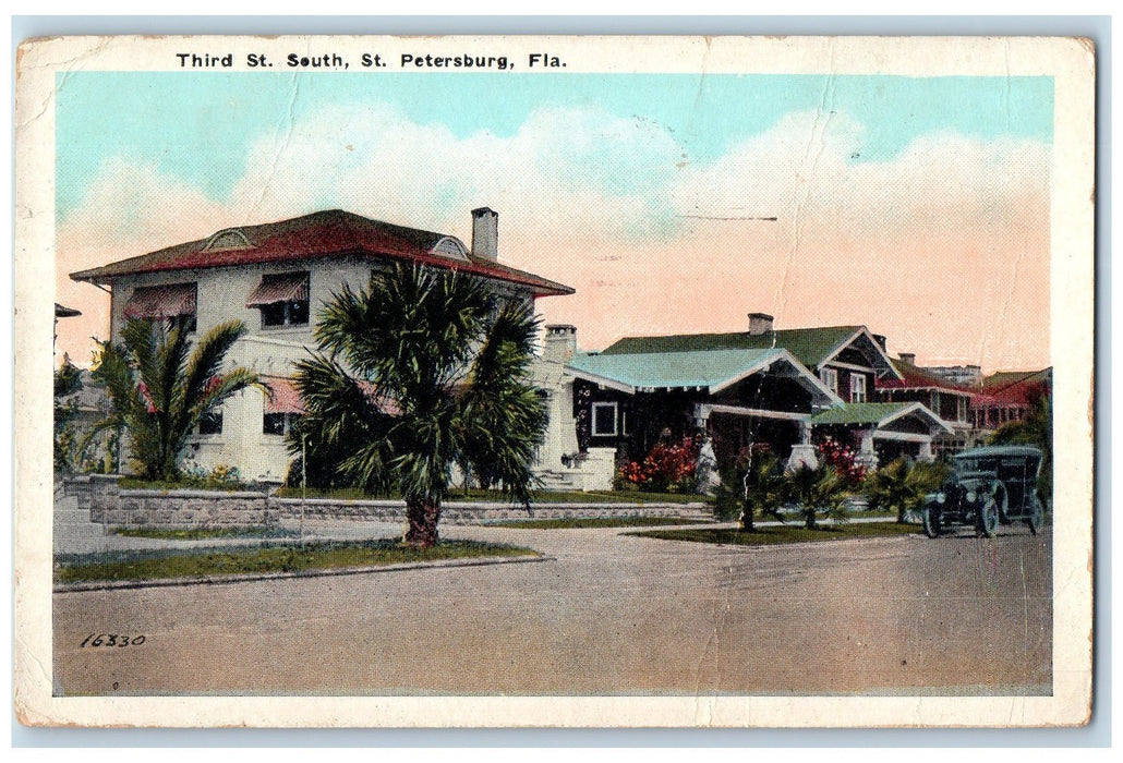 1924 Third Street South Car House Tree Scene St. Petersburg Florida FL Postcard