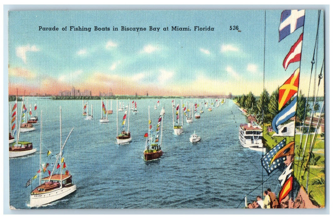 1950 Parade Of Fishing Boats In Biscayne Bay Beach At Miami Florida FL Postcard