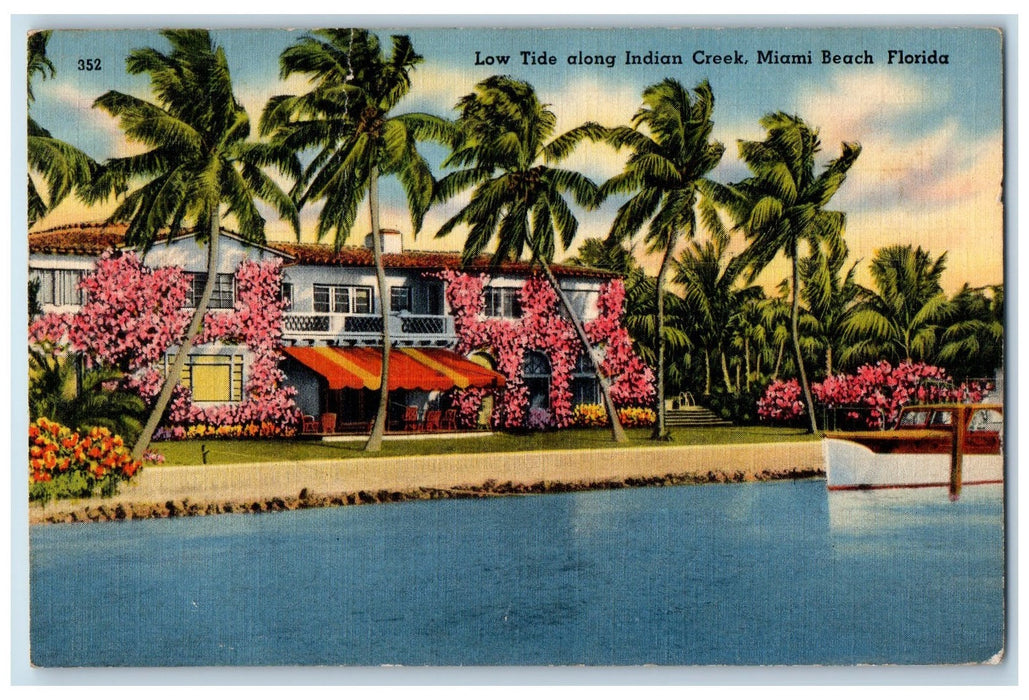 1945 Low Tide Along Indian Creek Yacht House Miami Beach Florida FL Postcard