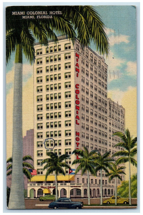 1953 Miami Colonial Hotel Building Palm Tree Cars Scene Florida FL Postcard