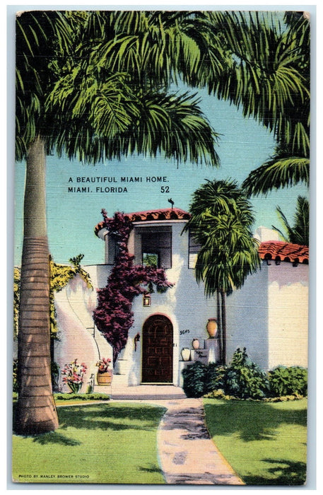 1946 A Beautiful Miami Home Palm Tree Blooming Flowers Scene Florida FL Postcard