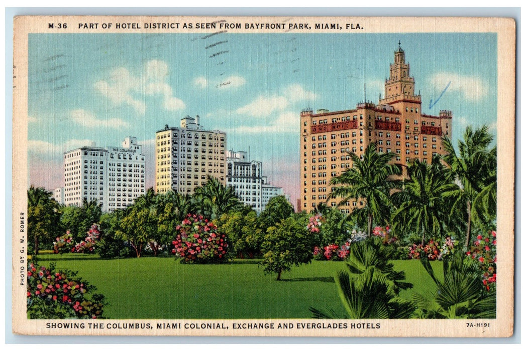 1939 Columbus Miami Colonial Exchange & Everglades Hotel Melbourne FL Postcard