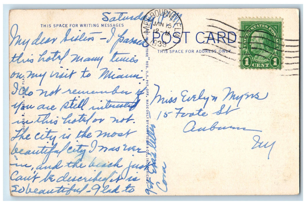 1939 Columbus Miami Colonial Exchange & Everglades Hotel Melbourne FL Postcard