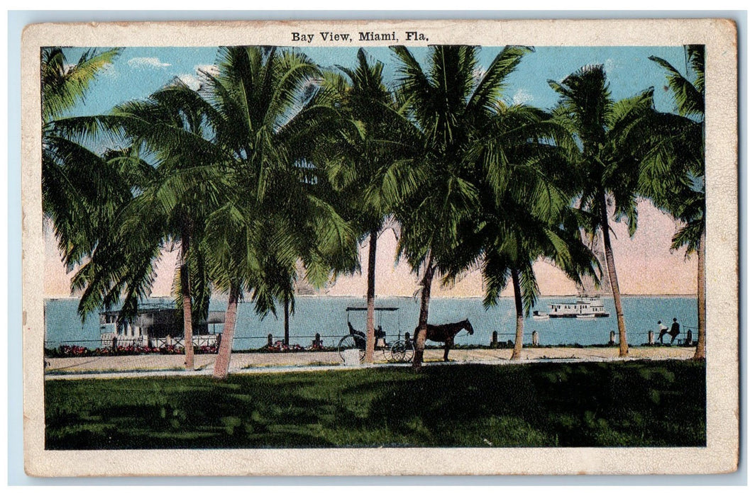 c1910's Bay View Palm Tree Beach Boat Scene Miami Florida FL Antique Postcard