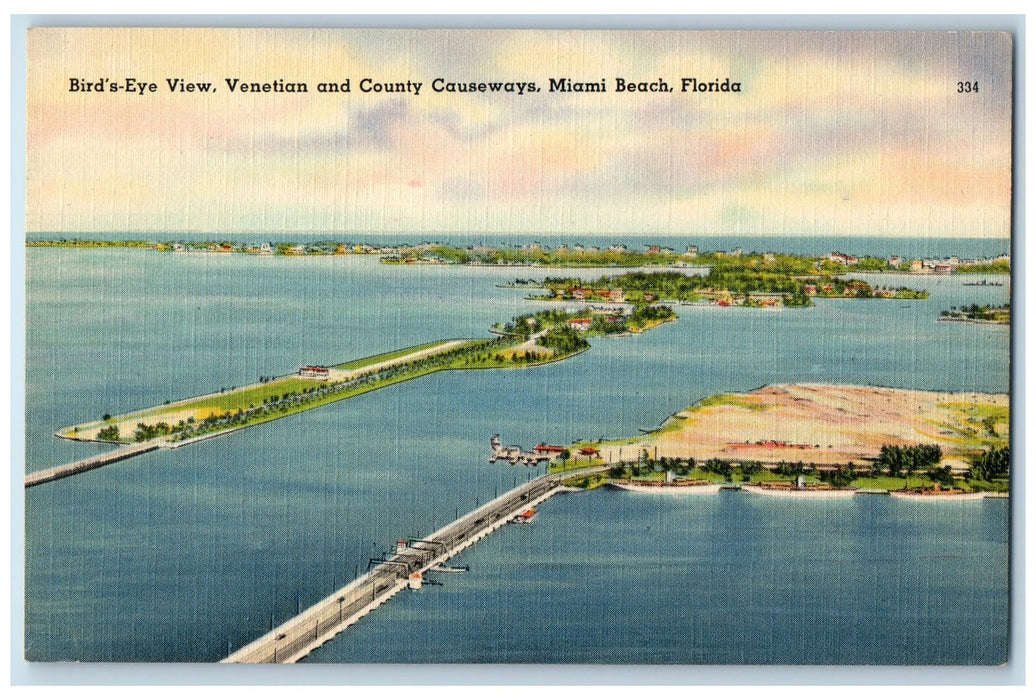 Bird's Eye View Venetian And County Causeways Miami Beach Florida FL Postcard