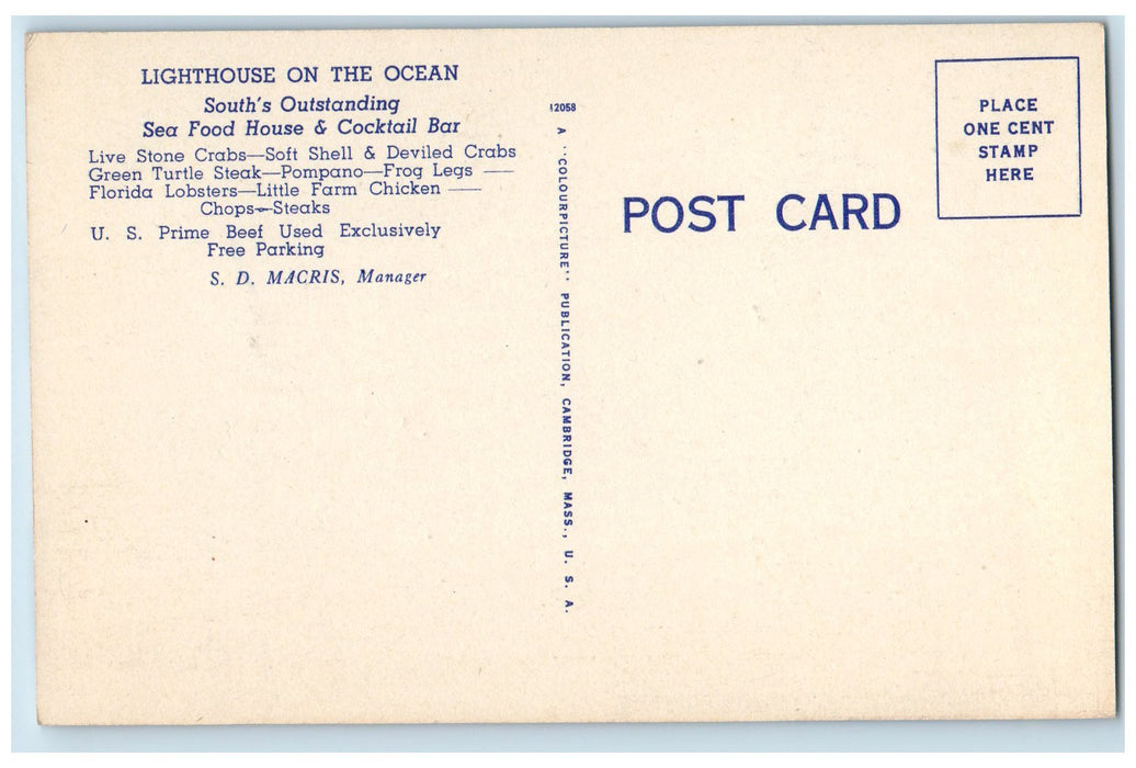 The Lighthouse Seafood Restaurant Cocktail Bar Miami Beach Florida FL Postcard