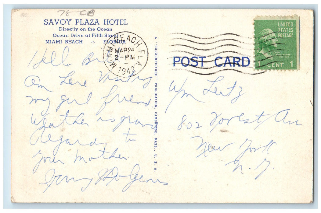 1942 Savoy Plaza Hotel Directly On the Ocean Miami Beach Florida FL Postcard