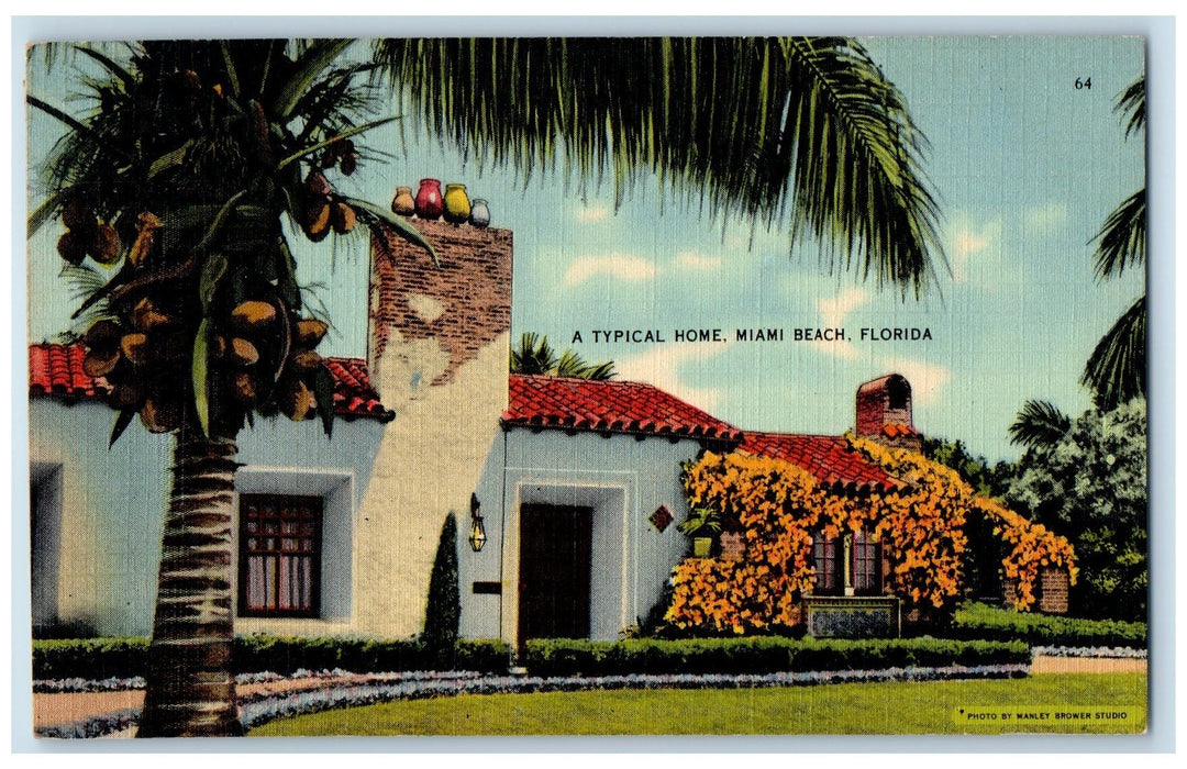 1942 A Typical Home Palm Tree Flowers Scene Miami Beach Florida FL Postcard