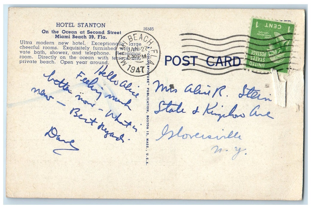 1947 Hotel Stanton On The Ocean At Second Street Miami Beach Florida FL Postcard