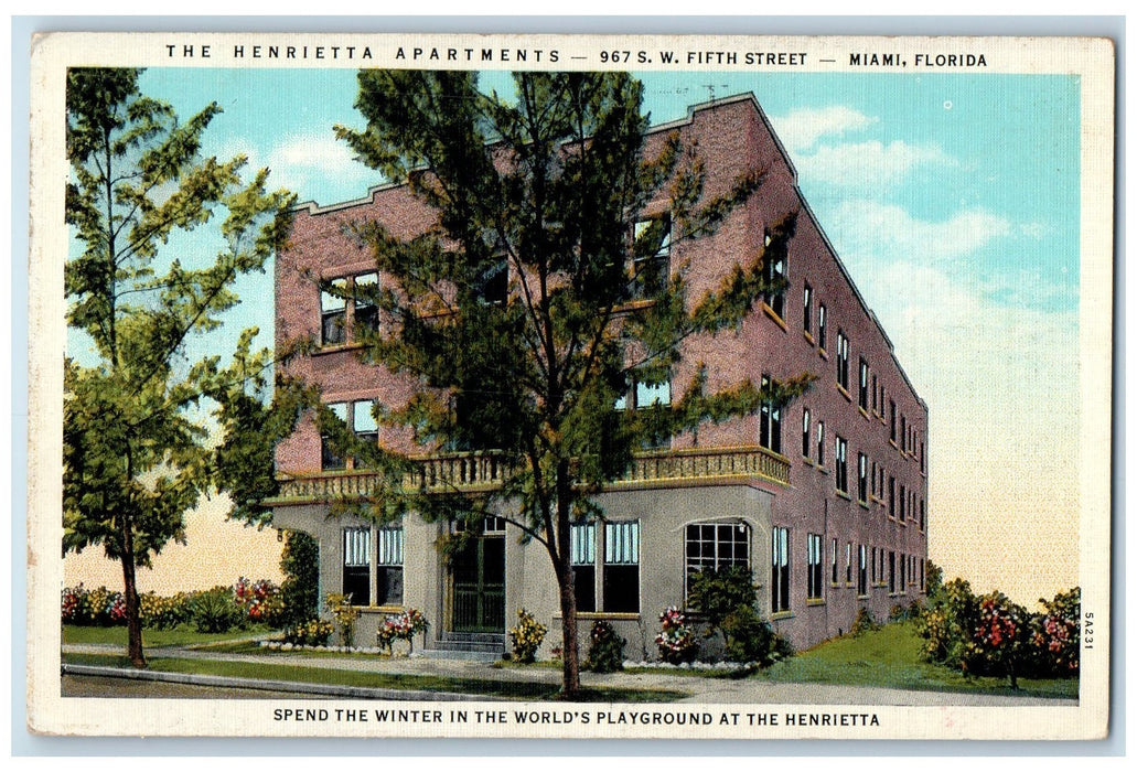 1938 Henrietta Apartments Exterior Scene Miami Florida FL Advertising Postcard