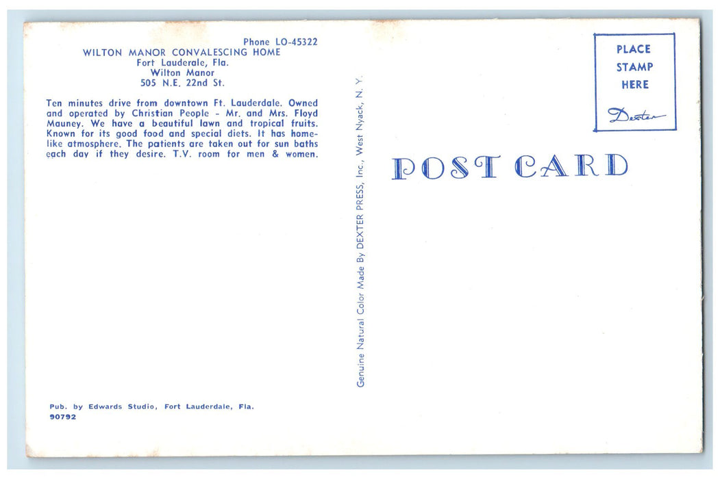 View Of Wilton Manor Convalescing Home Fort Lauderdale Florida FL Postcard