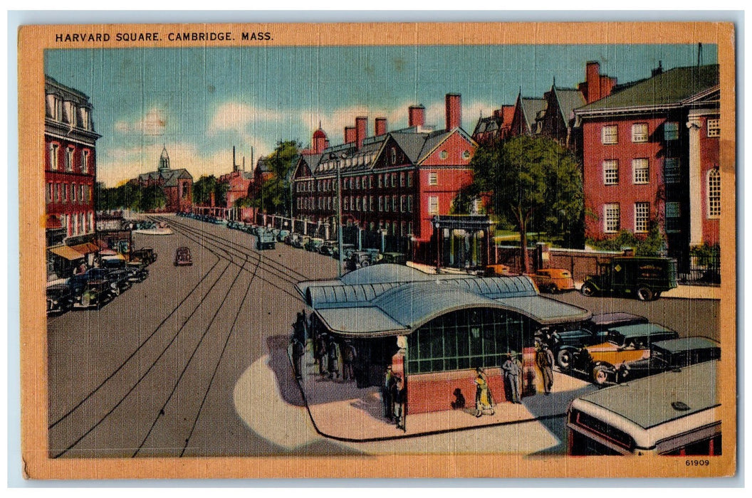 Harvard Square Street Cars View Cambridge Massachusetts MA Vintage Postcard